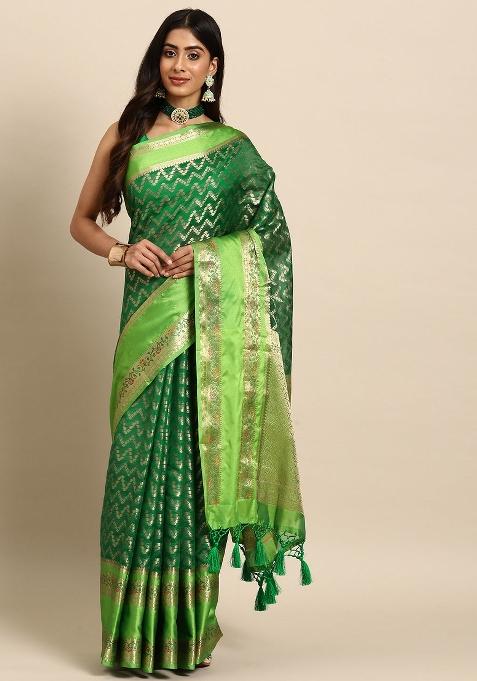 Green Woven Design Silk Blend Saree
