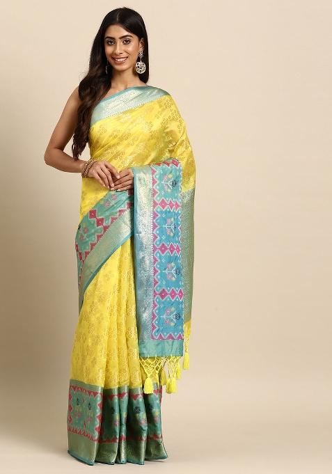Yellow Woven Design Silk Blend Saree