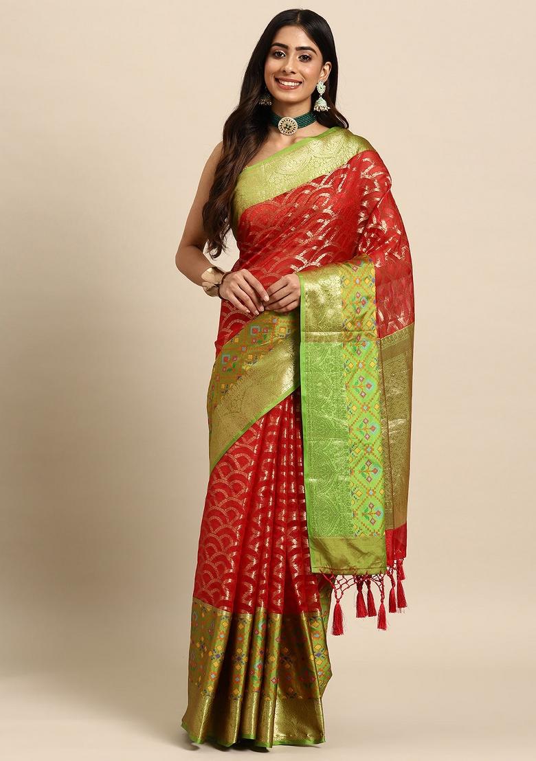 Red Woven Design Silk Blend Saree
