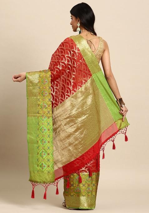 Red Woven Design Silk Blend Saree