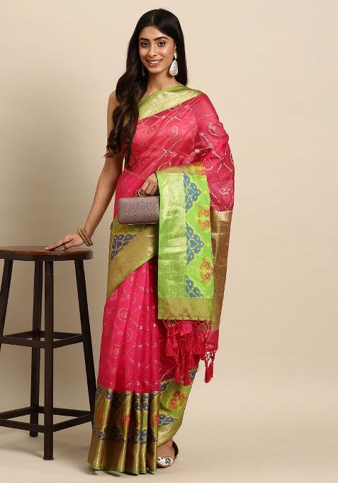 Pink Woven Design Silk Blend Saree