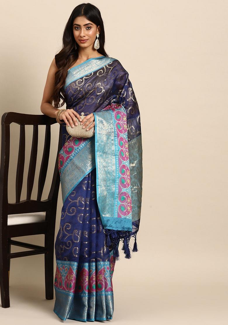 Navy Blue Woven Design Silk Blend Saree