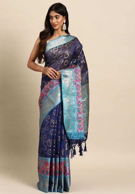 Navy Blue Woven Design Silk Blend Saree