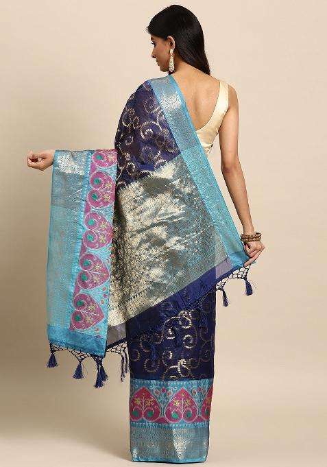 Navy Blue Woven Design Silk Blend Saree