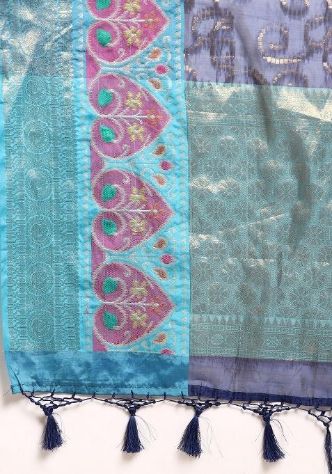 Navy Blue Woven Design Silk Blend Saree