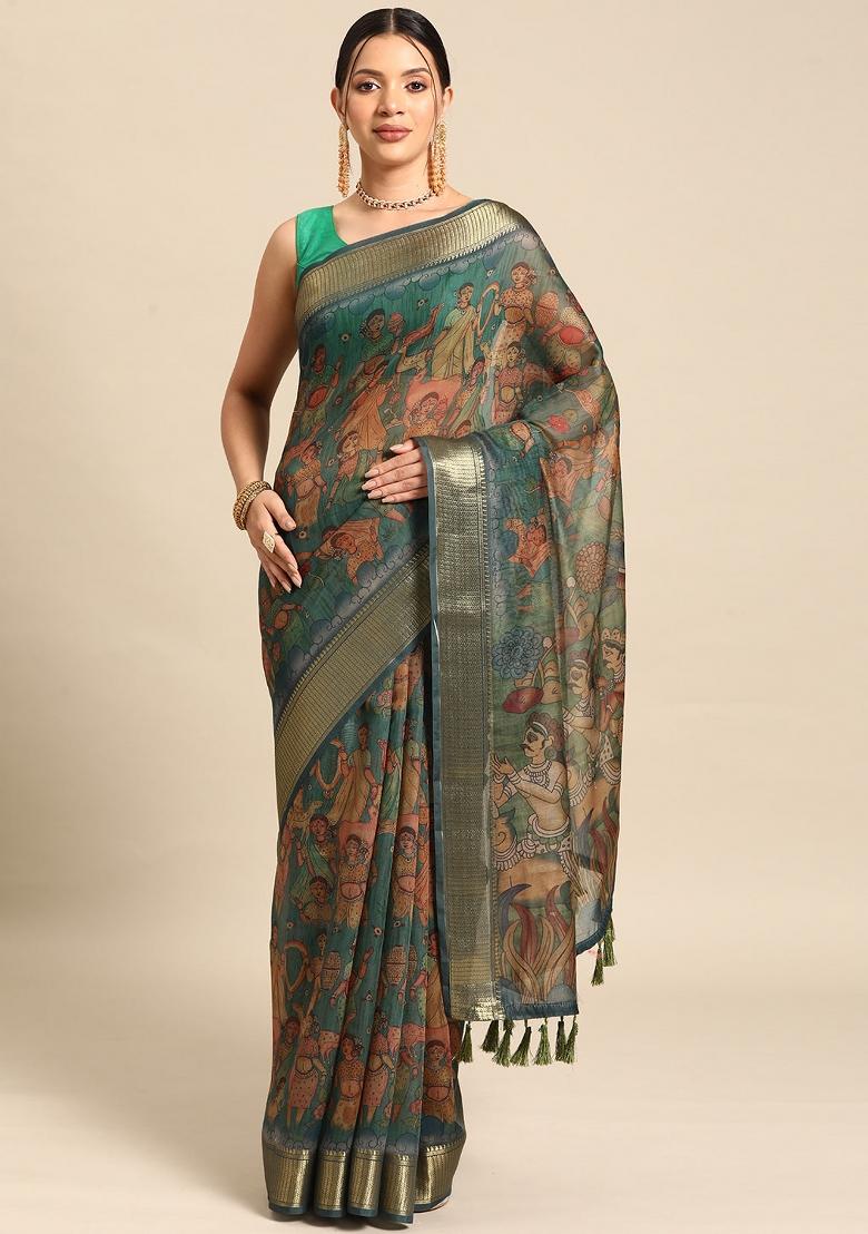 Multicolor Printed Cotton Blend Saree