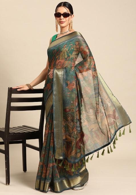 Multicolor Printed Cotton Blend Saree