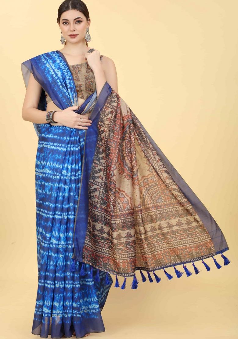 Blue Printed Cotton Blend Saree
