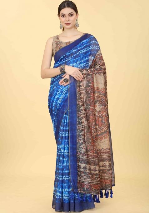 Blue Printed Cotton Blend Saree