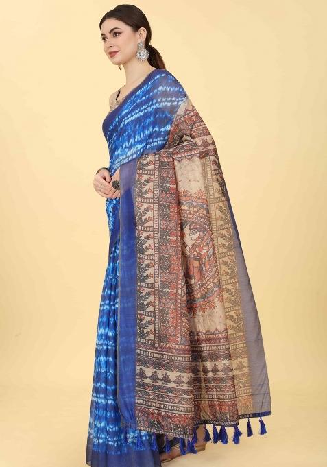 Blue Printed Cotton Blend Saree