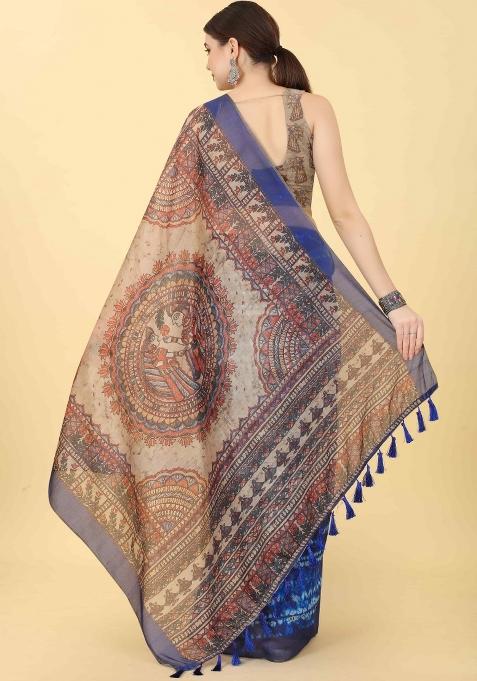 Blue Printed Cotton Blend Saree