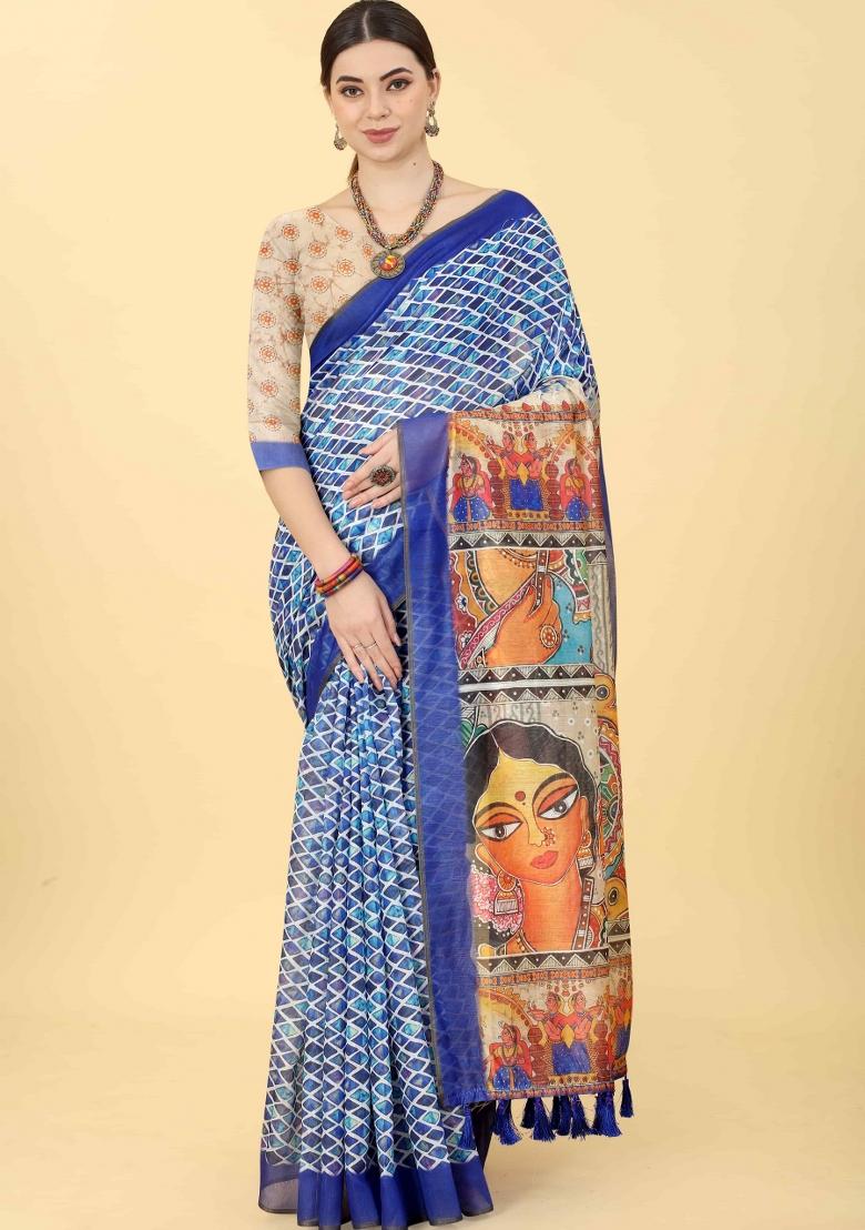 Blue Printed Cotton Blend Saree