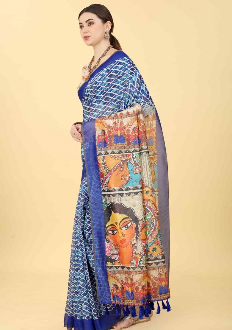 Blue Printed Cotton Blend Saree