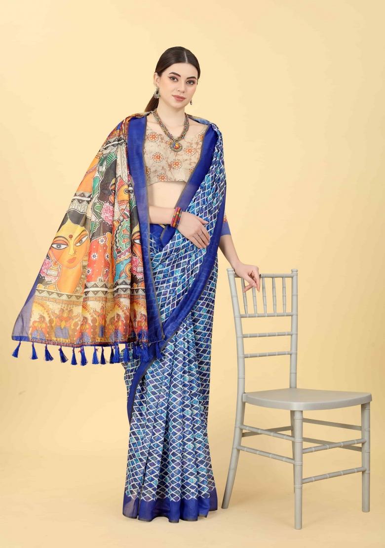 Blue Printed Cotton Blend Saree