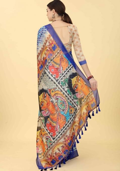 Blue Printed Cotton Blend Saree