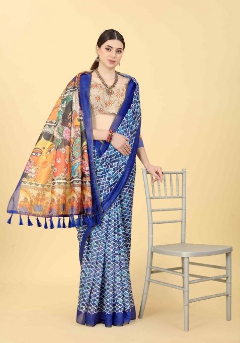 Blue Printed Cotton Blend Saree