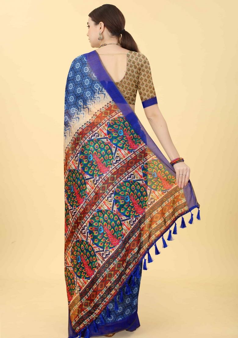 Blue Printed Cotton Blend Saree