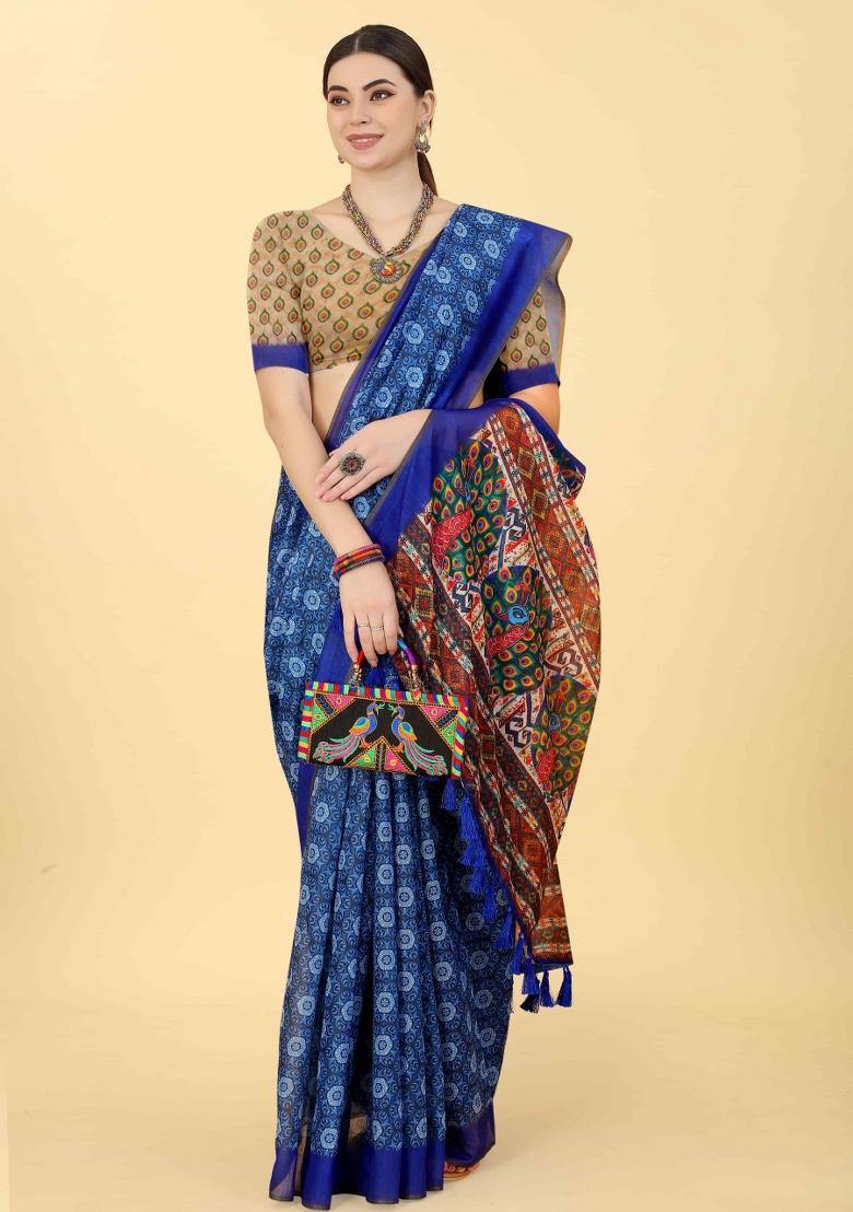 Blue Printed Cotton Blend Saree