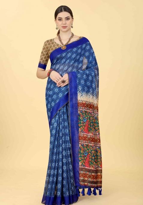Blue Printed Cotton Blend Saree