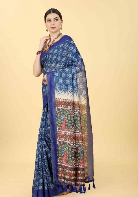Blue Printed Cotton Blend Saree