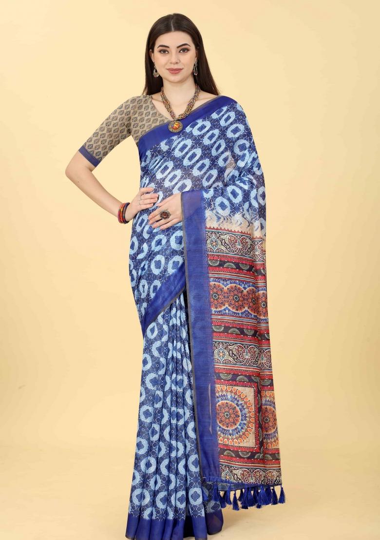 Blue Printed Cotton Blend Saree