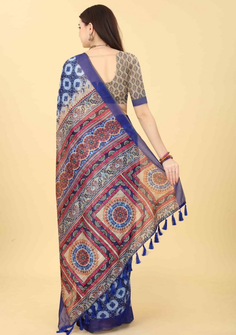 Blue Printed Cotton Blend Saree