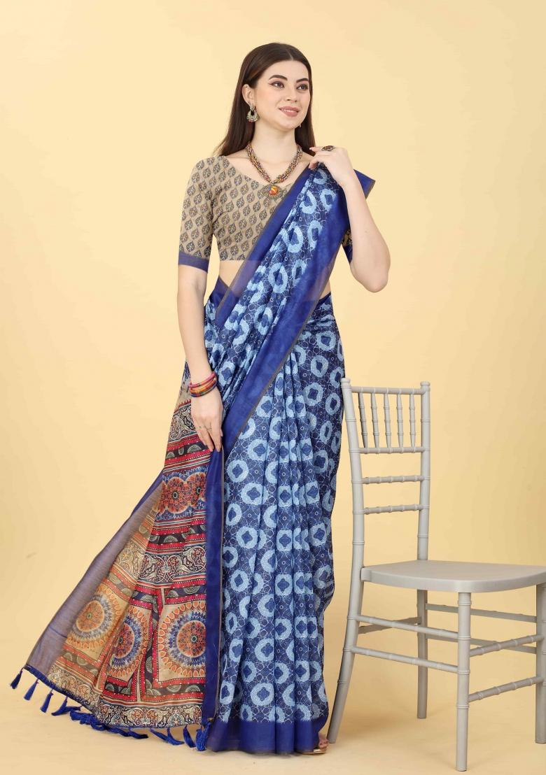 Blue Printed Cotton Blend Saree