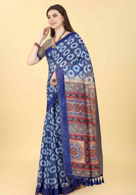 Blue Printed Cotton Blend Saree