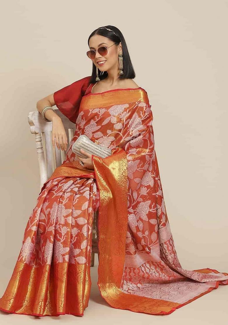 Red Embellished Pure Silk Saree