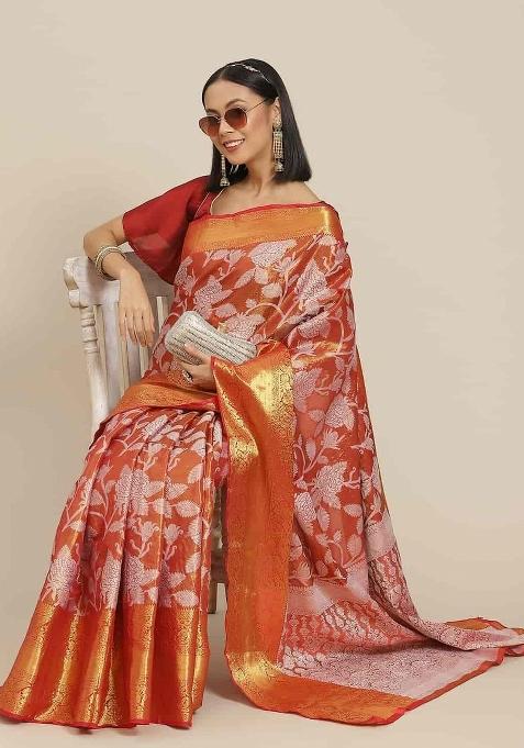 Red Embellished Pure Silk Saree