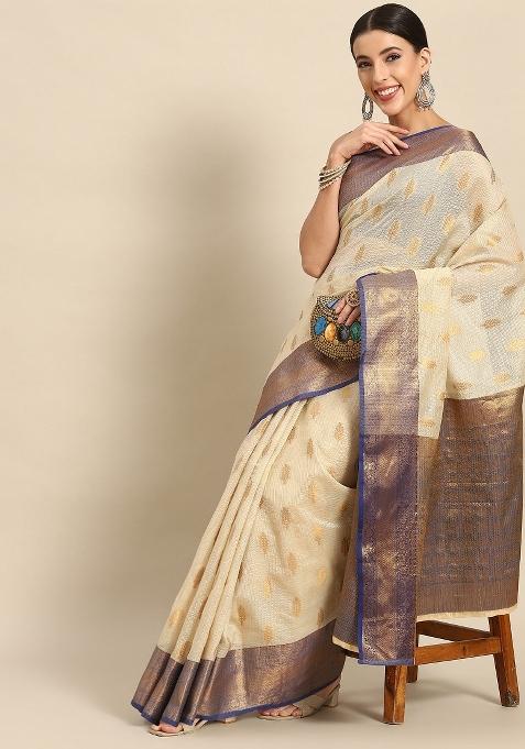 Navy Blue Woven Design Tissue Silk Saree