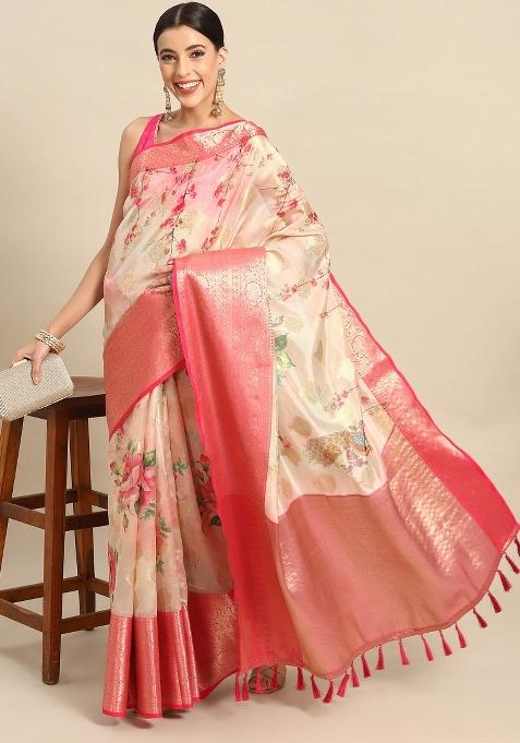 Pink Printed Chanderi Art Silk Saree