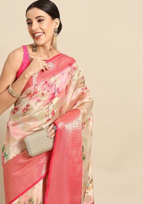 Pink Printed Chanderi Art Silk Saree