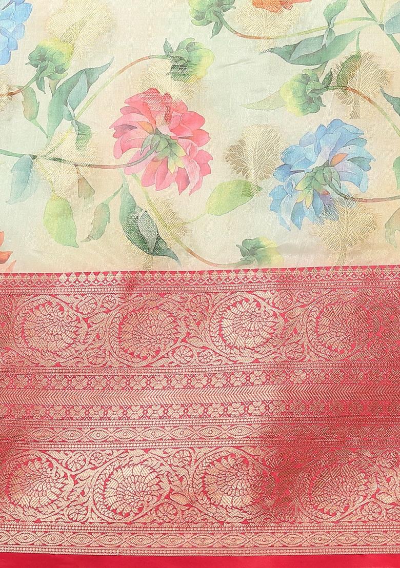 Beige Printed Chanderi Art Silk Saree