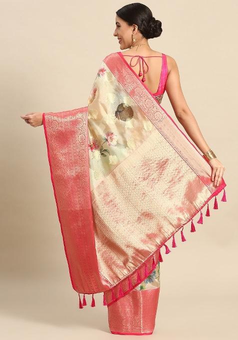 Beige Printed Chanderi Art Silk Saree