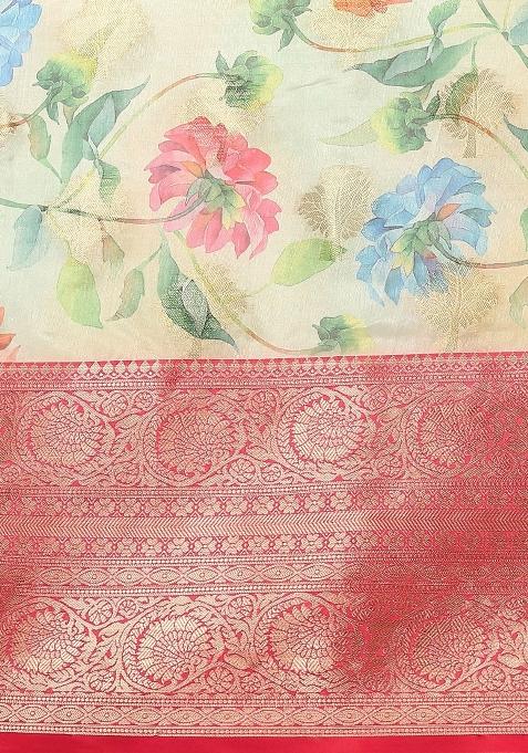 Beige Printed Chanderi Art Silk Saree