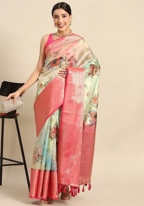 Green Printed Chanderi Art Silk Saree