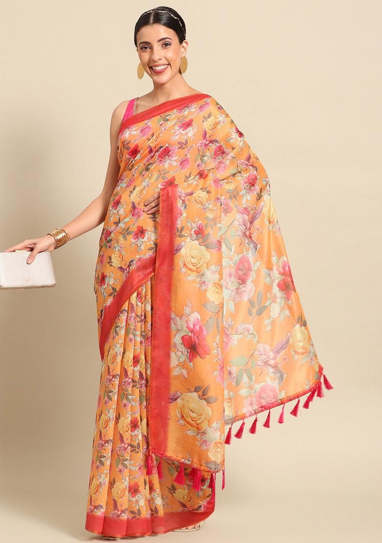 Orange Printed Pure Cotton Saree