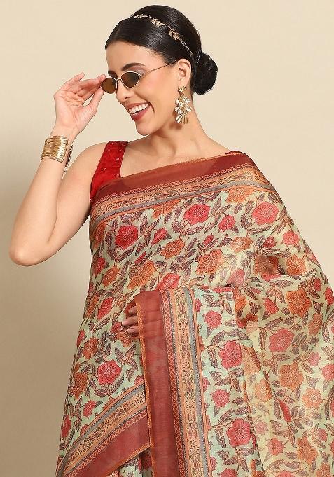 Green Printed Pure Cotton Saree