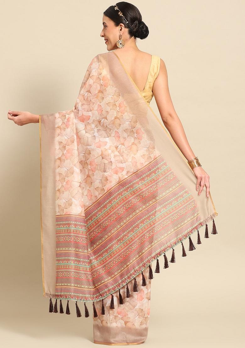 Beige Printed Pure Cotton Saree