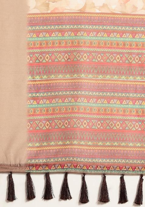 Beige Printed Pure Cotton Saree