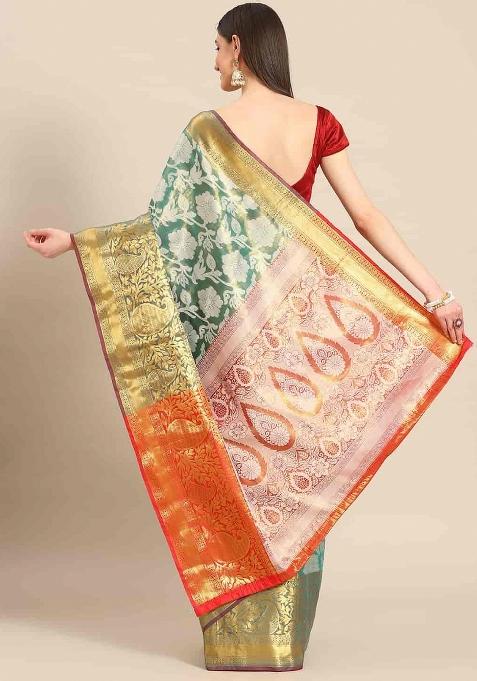 Turquoise Woven Design Tissue Silk Saree