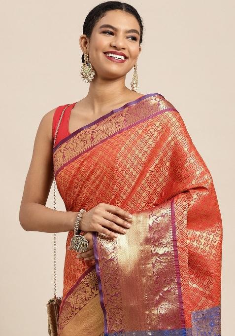 Red Woven Design Pure Silk Saree