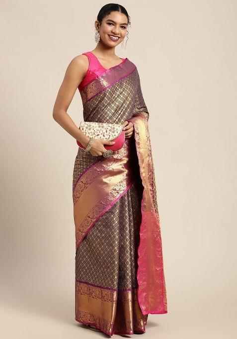 Navy Blue Woven Design Pure Silk Saree