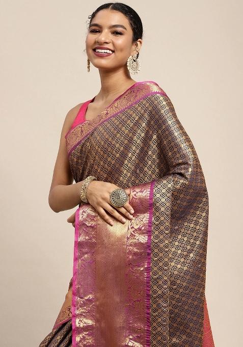 Navy Blue Woven Design Pure Silk Saree