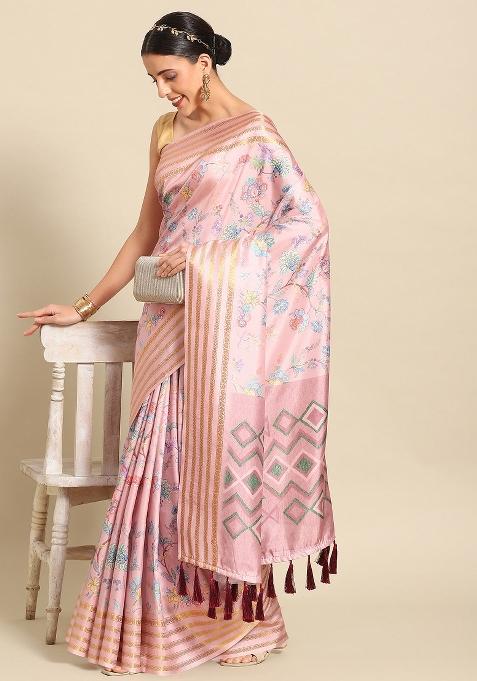 Pink Printed Art Silk Saree