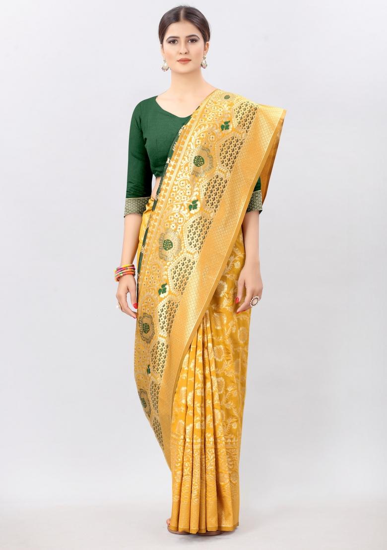 Mustard Embellished Pure Silk Saree