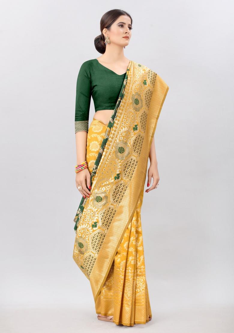 Mustard Embellished Pure Silk Saree