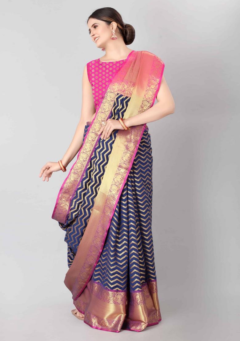 Navy Blue Woven Design Silk Blend Saree