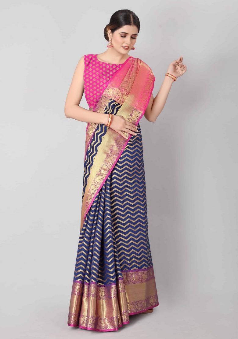 Navy Blue Woven Design Silk Blend Saree